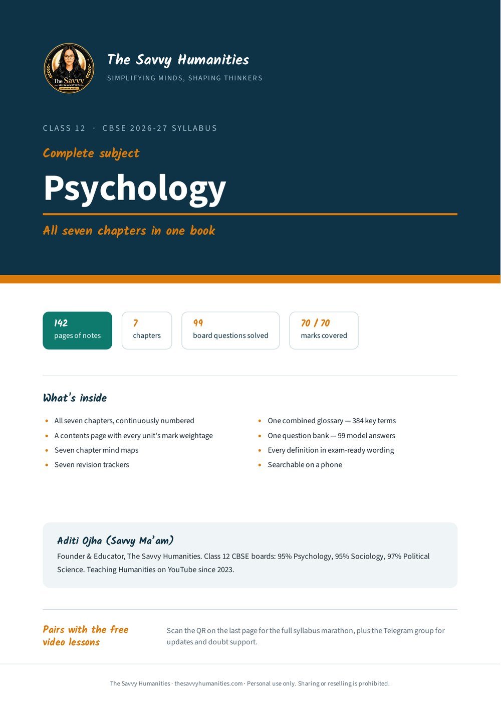 Class 12 Psychology complete notes — all 7 chapters — cover Class 12 Psychology complete notes cover — all seven chapters, CBSE 2026-27, The Savvy Humanities