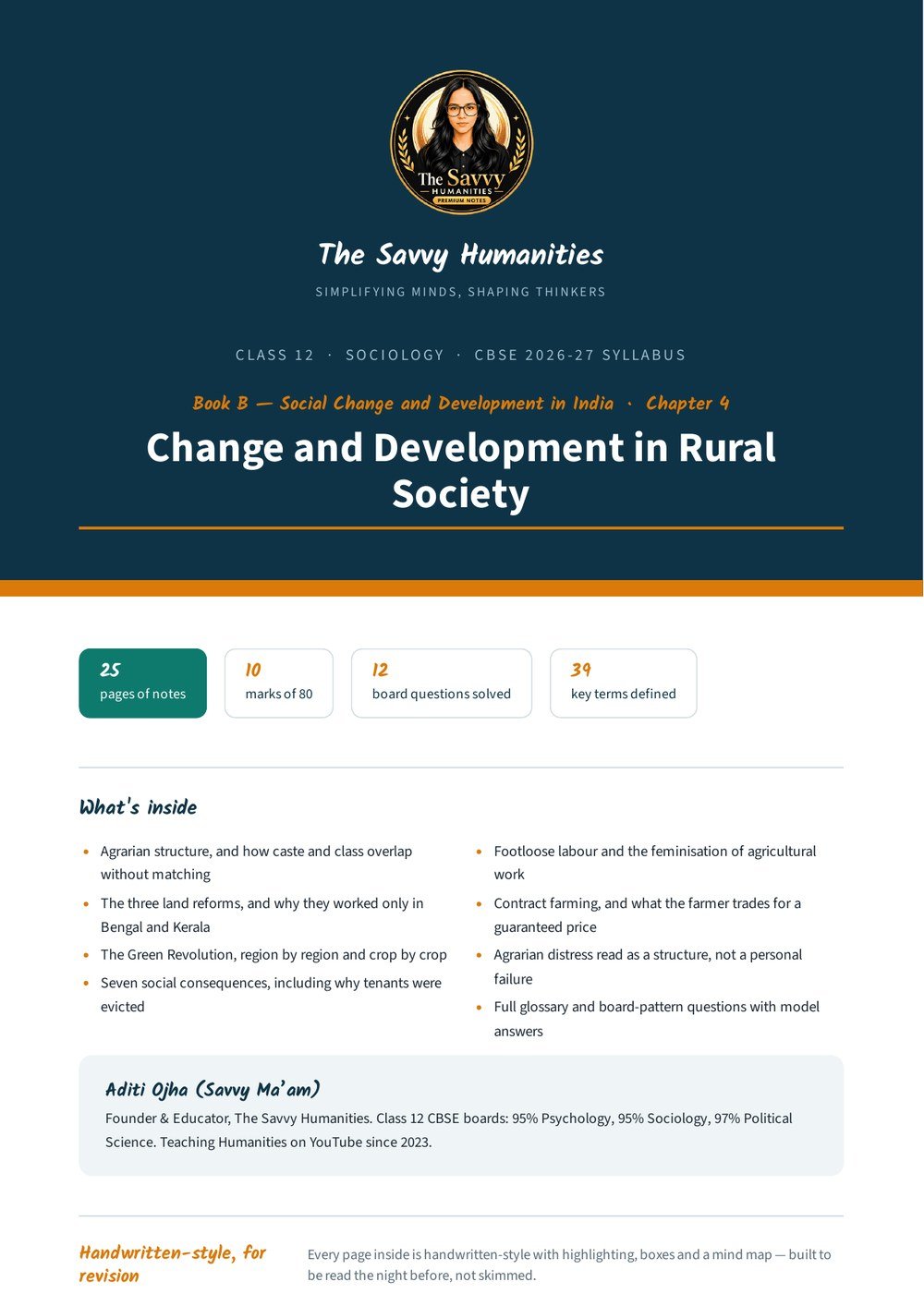 Class 12 Sociology Book B Chapter 4 notes — cover Class 12 Sociology Book B Chapter 4 notes cover — Change and Development in Rural Society, CBSE 2026-27, The Savvy Humanities