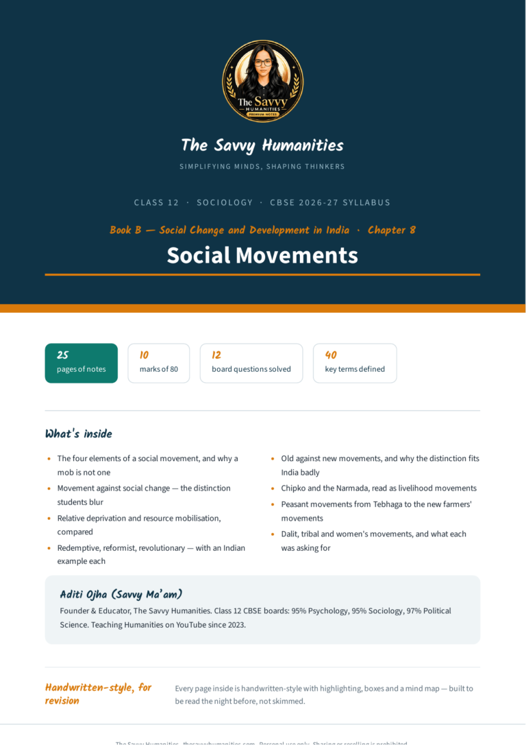 Cover of The Savvy Humanities Class 12 Sociology Book B Chapter 8 handwritten-style notes on Social Movements