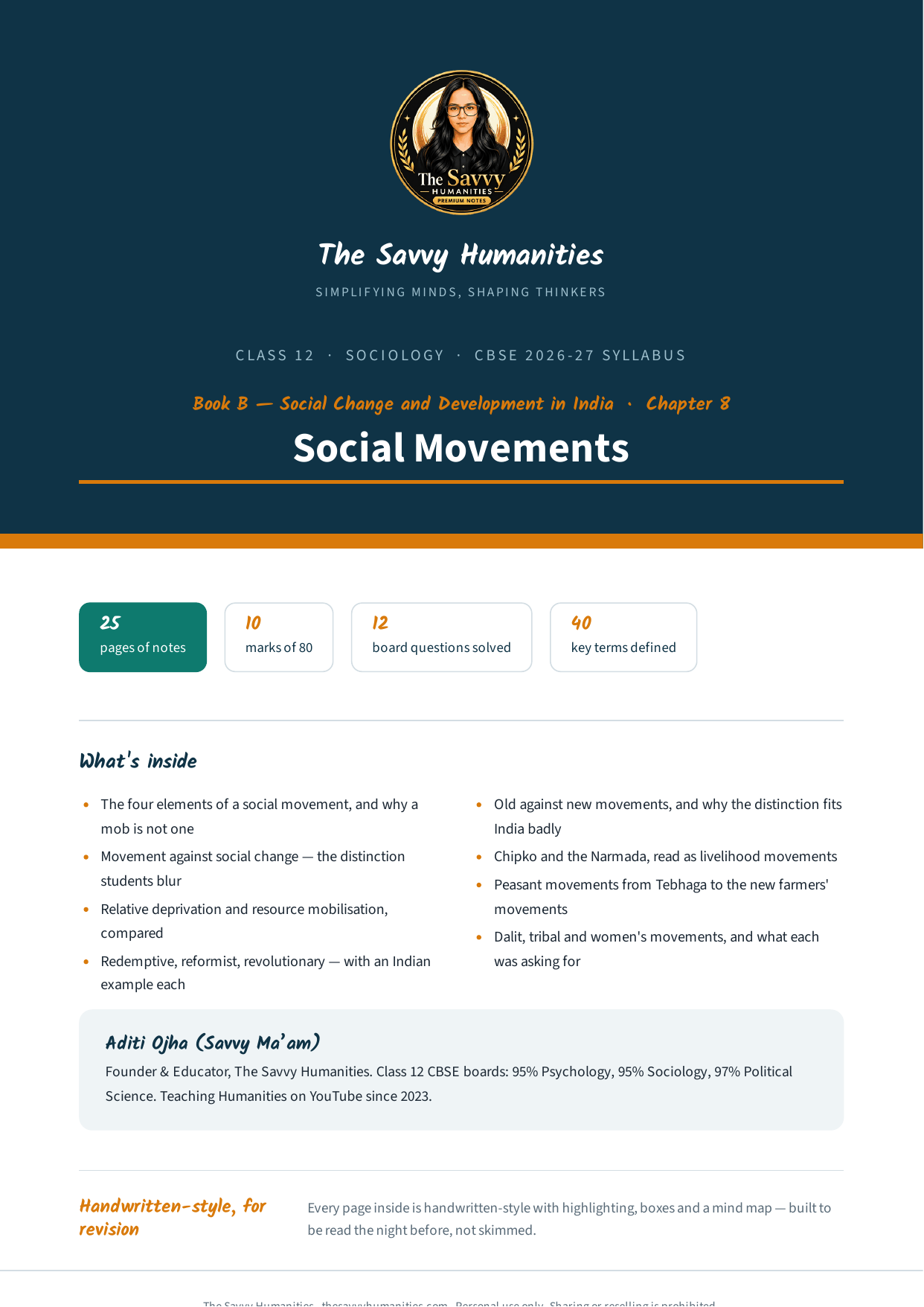 Class 12 Sociology Book B Chapter 8 — Social Movements notes cover Cover of The Savvy Humanities Class 12 Sociology Book B Chapter 8 handwritten-style notes on Social Movements