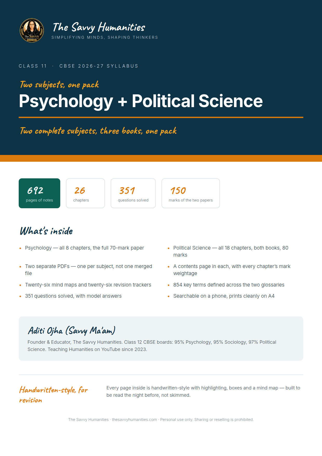 Class 11 Psychology + Political Science combined notes cover Cover of Class 11 Psychology + Political Science combined notes pack — two complete subjects, 692 pages, 26 chapters, 351 questions solved, 150 marks, CBSE 2026-27
