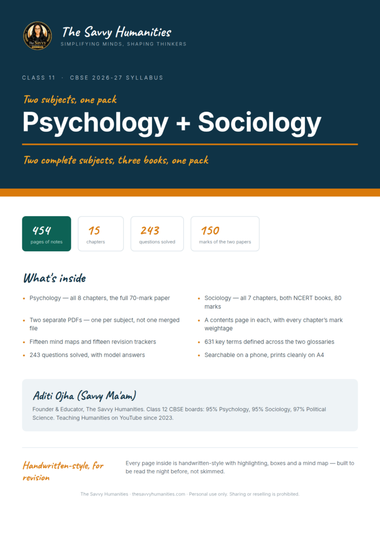 Cover of Class 11 Psychology + Sociology combined notes pack — two complete subjects, 454 pages, 15 chapters, 243 questions solved, 150 marks, CBSE 2026-27