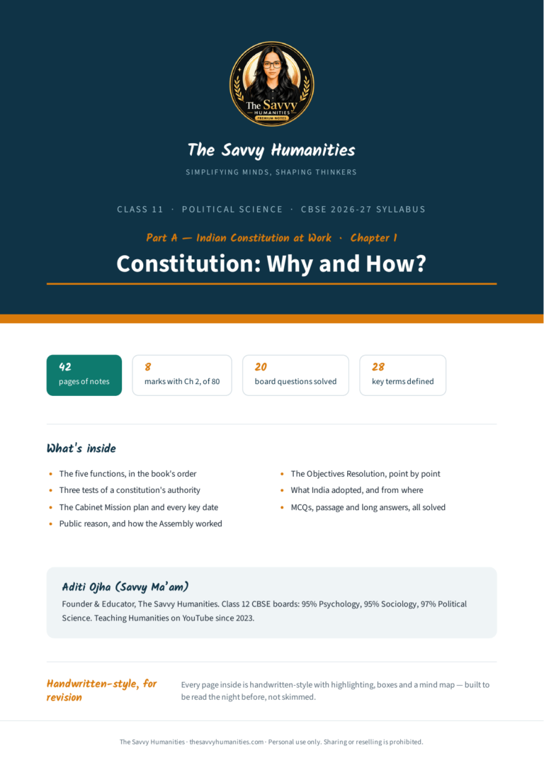 Cover of Class 11 Political Science Part A Chapter 1 notes — Constitution: Why and How?, CBSE 2026-27, 42 pages, 20 questions solved, 28 key terms