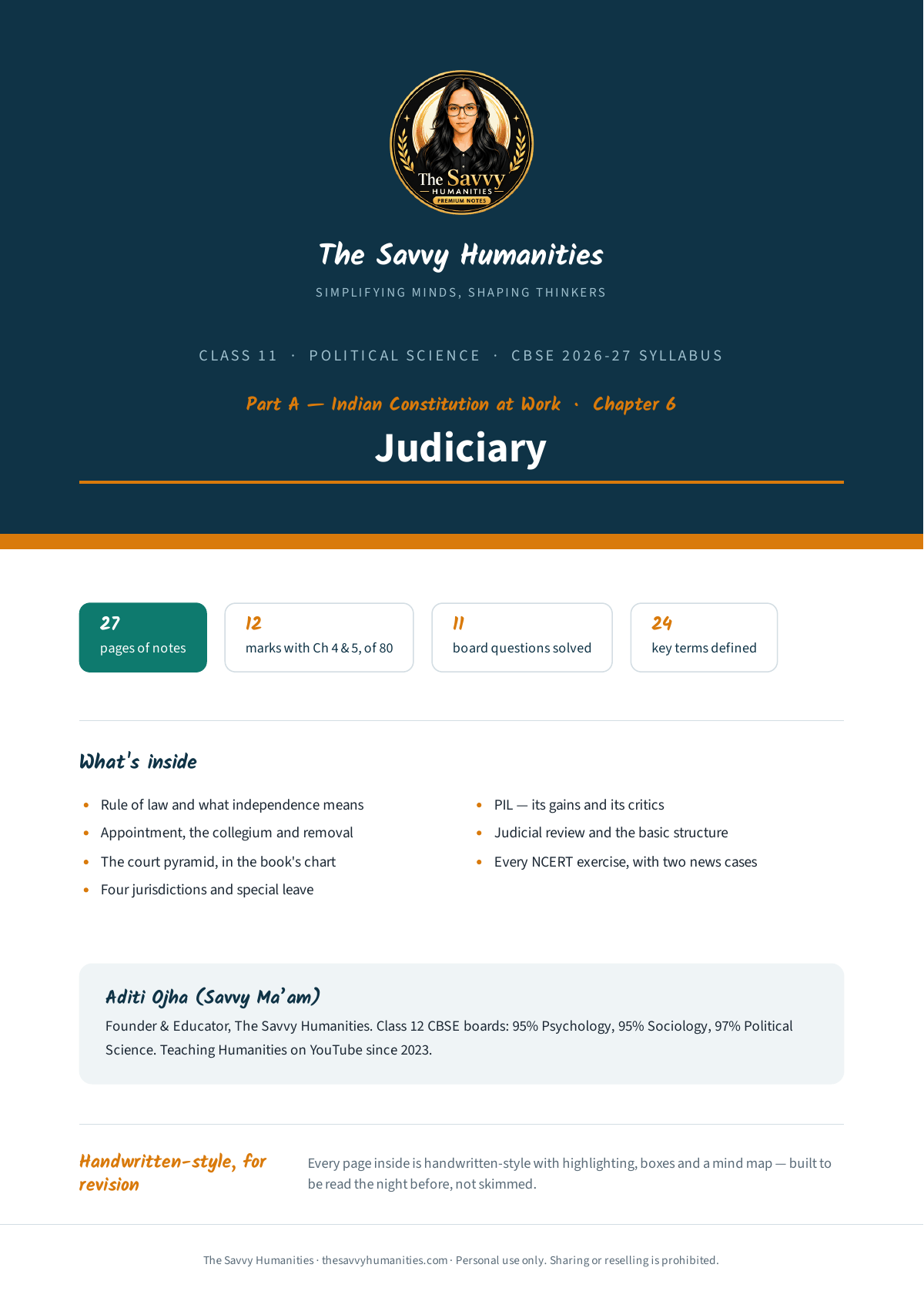 Class 11 Political Science Part A Chapter 6 — Judiciary notes cover Cover of Class 11 Political Science Part A Chapter 6 notes — Judiciary, CBSE 2026-27, 27 pages, 11 questions solved, 24 key terms