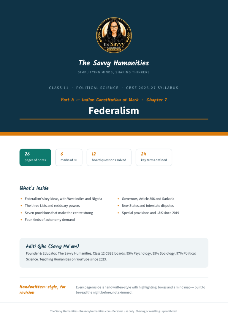 Cover of Class 11 Political Science Part A Chapter 7 notes — Federalism, CBSE 2026-27, 26 pages, 12 questions solved, 24 key terms
