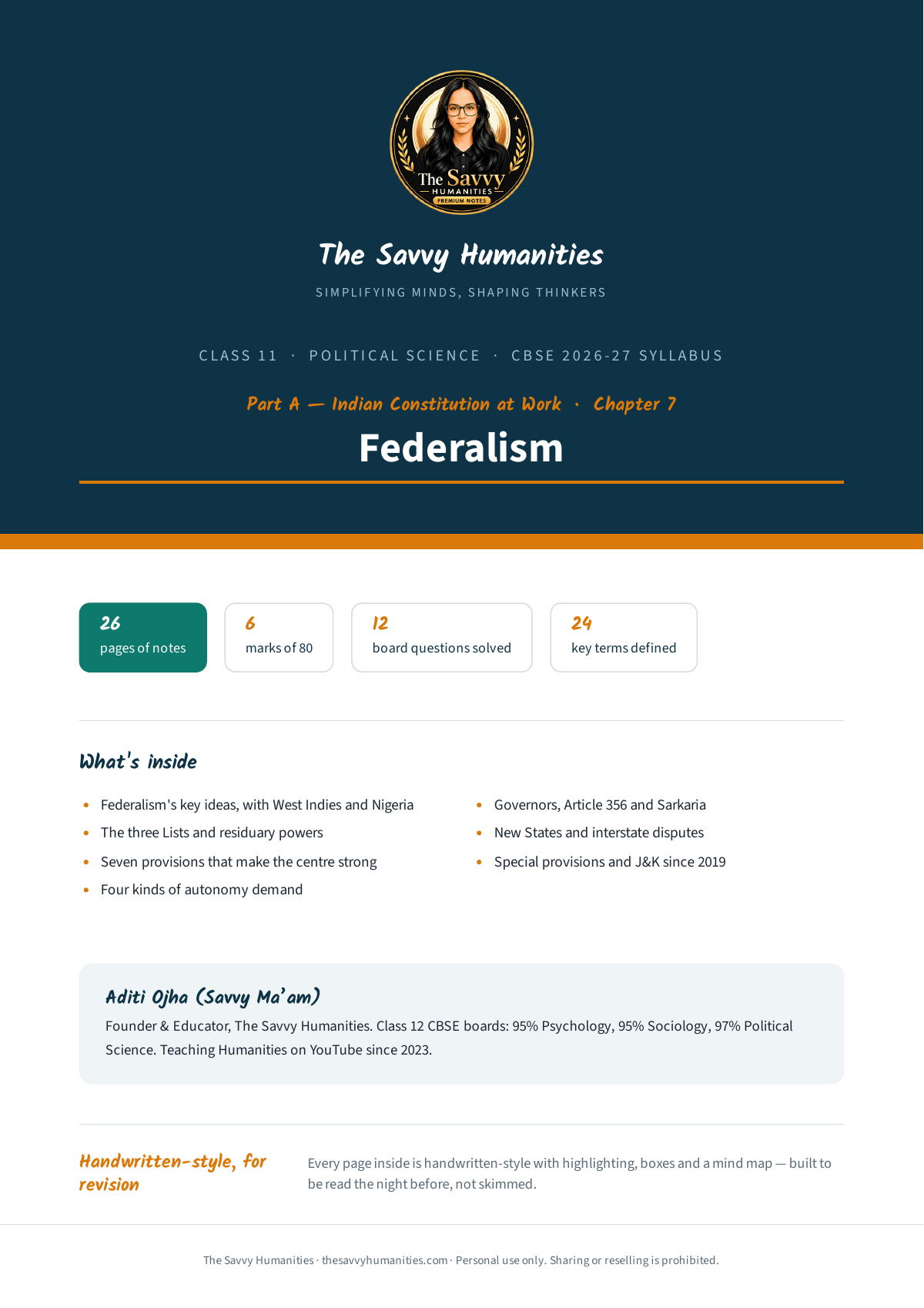 Class 11 Political Science Part A Chapter 7 — Federalism notes cover Cover of Class 11 Political Science Part A Chapter 7 notes — Federalism, CBSE 2026-27, 26 pages, 12 questions solved, 24 key terms