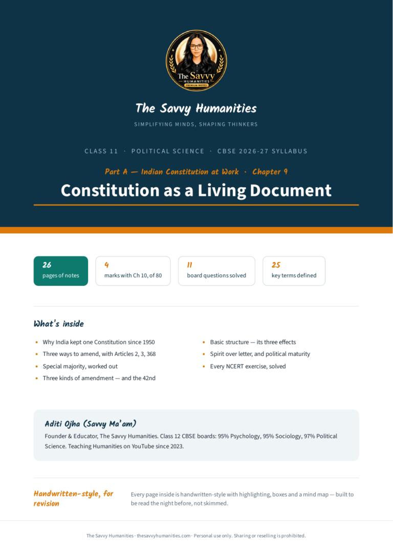 Cover of Class 11 Political Science Part A Chapter 9 notes — Constitution as a Living Document, CBSE 2026-27, 26 pages, 11 questions solved, 25 key terms