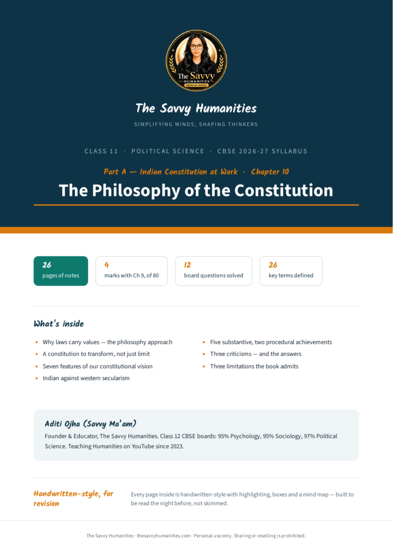 Cover of Class 11 Political Science Part A Chapter 10 notes — The Philosophy of the Constitution, CBSE 2026-27, 26 pages, 12 questions solved, 26 key terms