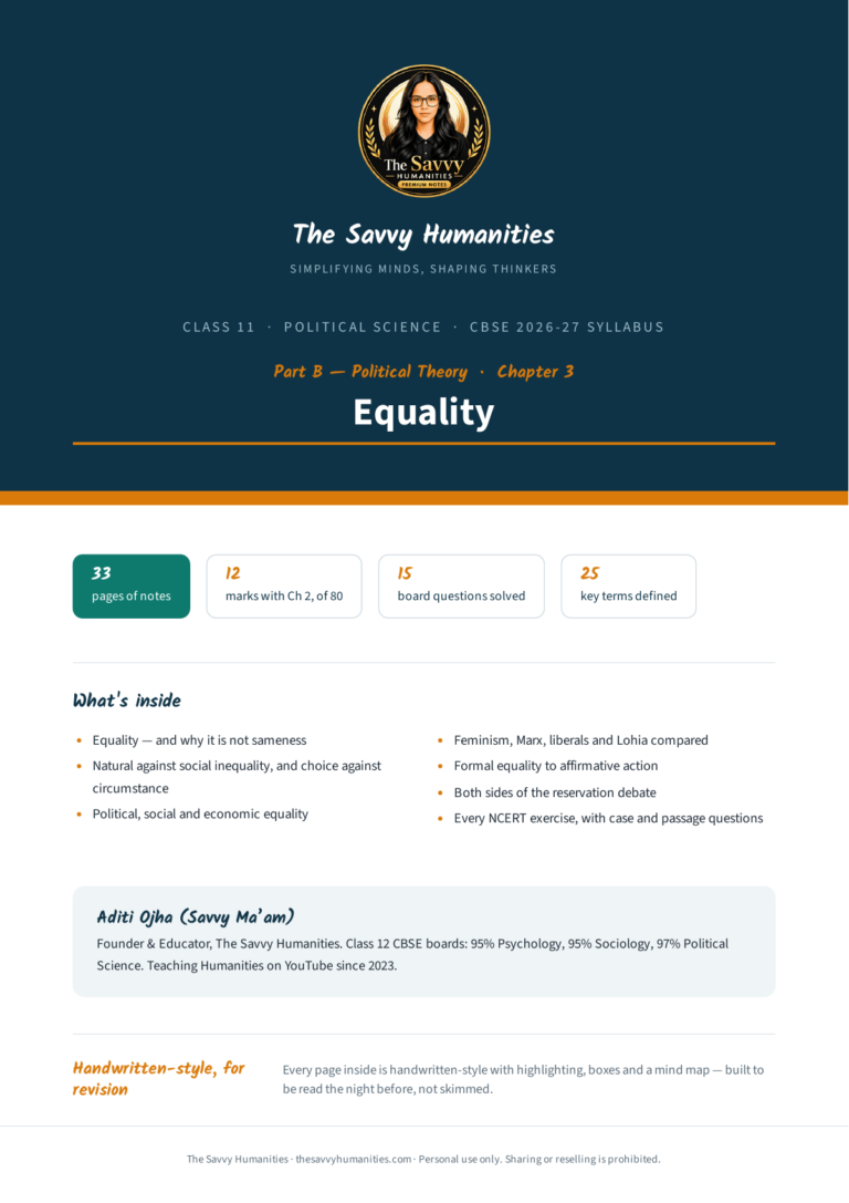 Cover of Class 11 Political Science Part B Chapter 3 notes — Equality, CBSE 2026-27, 33 pages, 15 questions solved, 25 key terms