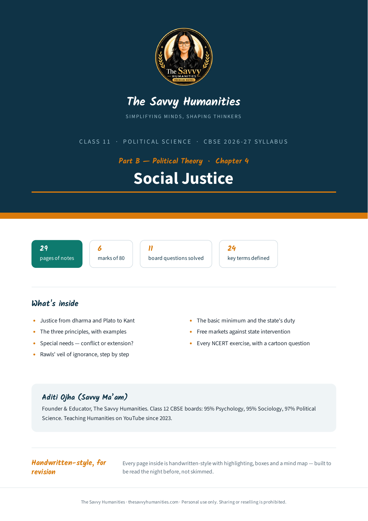 Class 11 Political Science Part B Chapter 4 — Social Justice notes cover Cover of Class 11 Political Science Part B Chapter 4 notes — Social Justice, CBSE 2026-27, 29 pages, 11 questions solved, 24 key terms