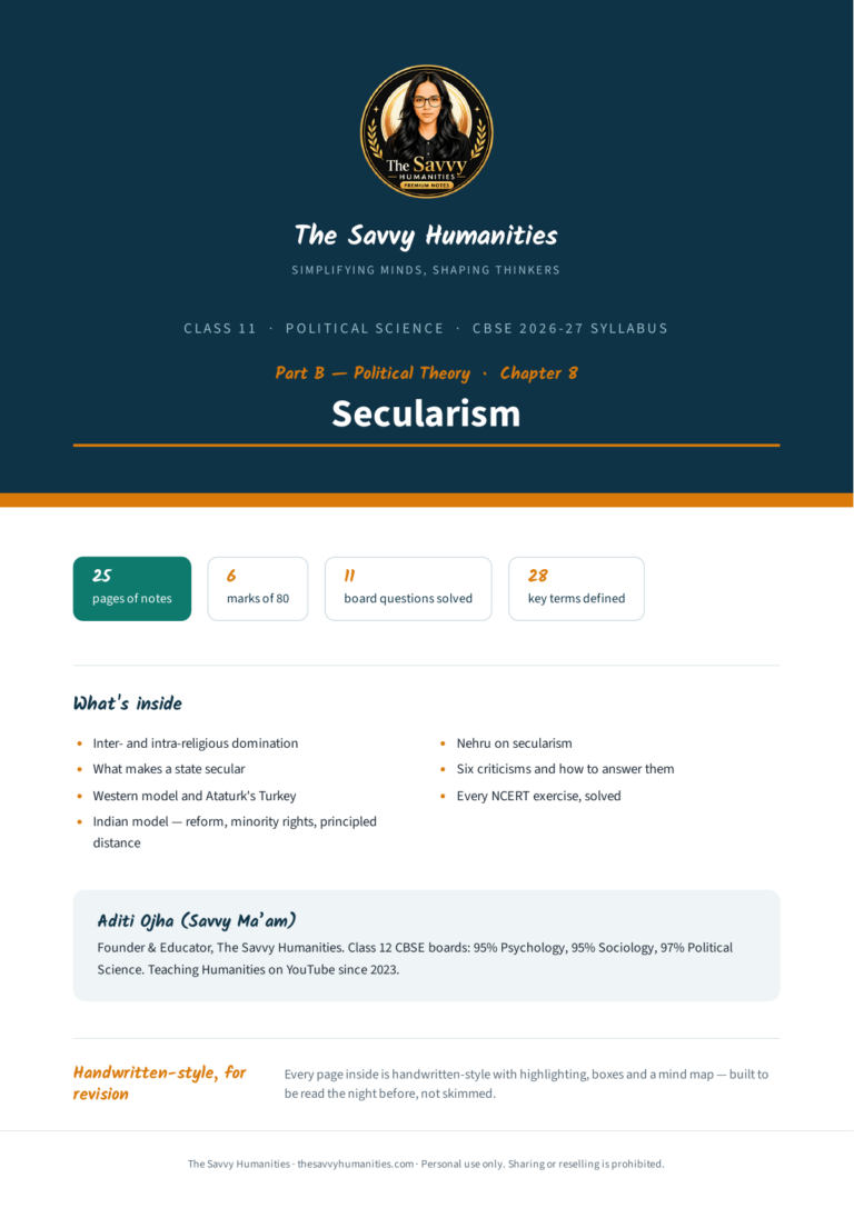 Cover of Class 11 Political Science Part B Chapter 8 notes — Secularism, CBSE 2026-27, 25 pages, 11 questions solved, 28 key terms