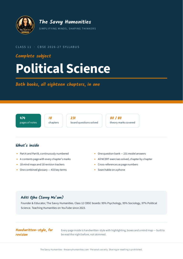 Cover of Class 11 Political Science complete notes — both books, all 18 chapters, 474 pages, 231 questions solved, 80 of 80 theory marks, CBSE 2026-27