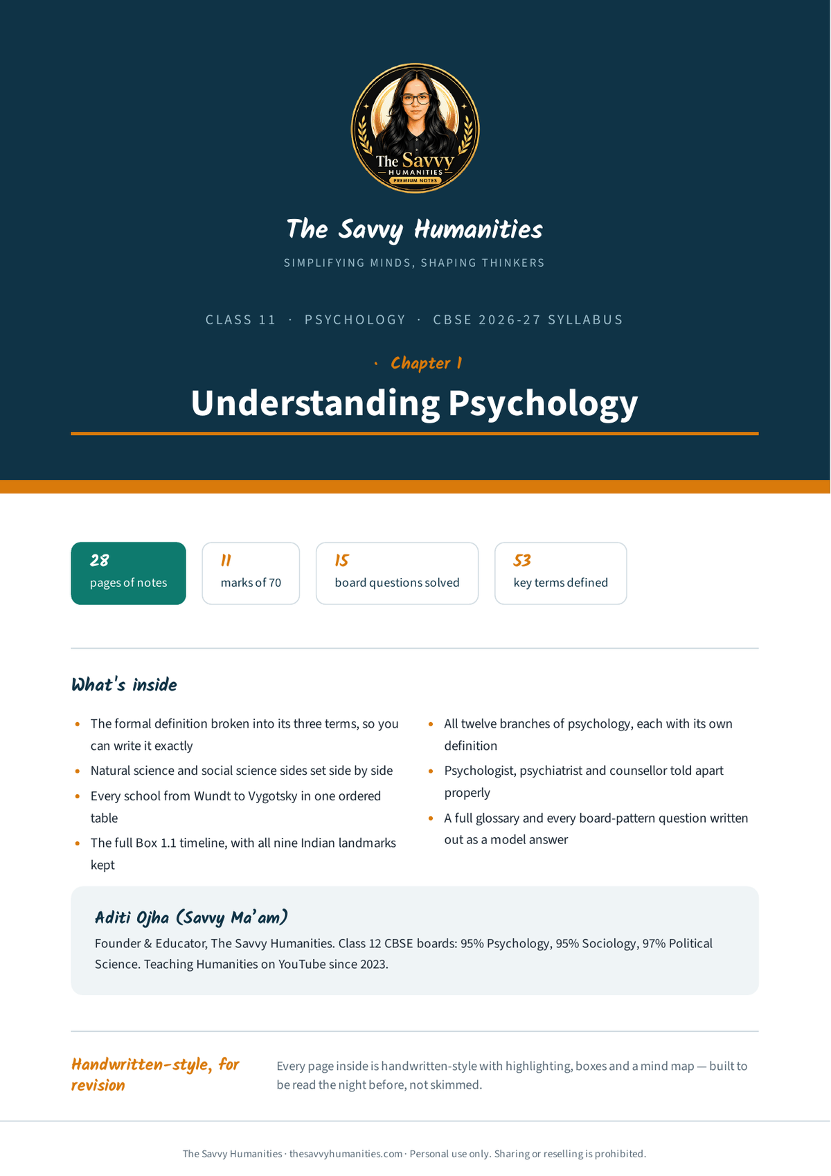 Class 11 Psychology Chapter 1 — Understanding Psychology notes cover Cover of Class 11 Psychology Chapter 1 notes — Understanding Psychology, CBSE 2026-27, 28 pages, 11 marks of 70, 53 key terms