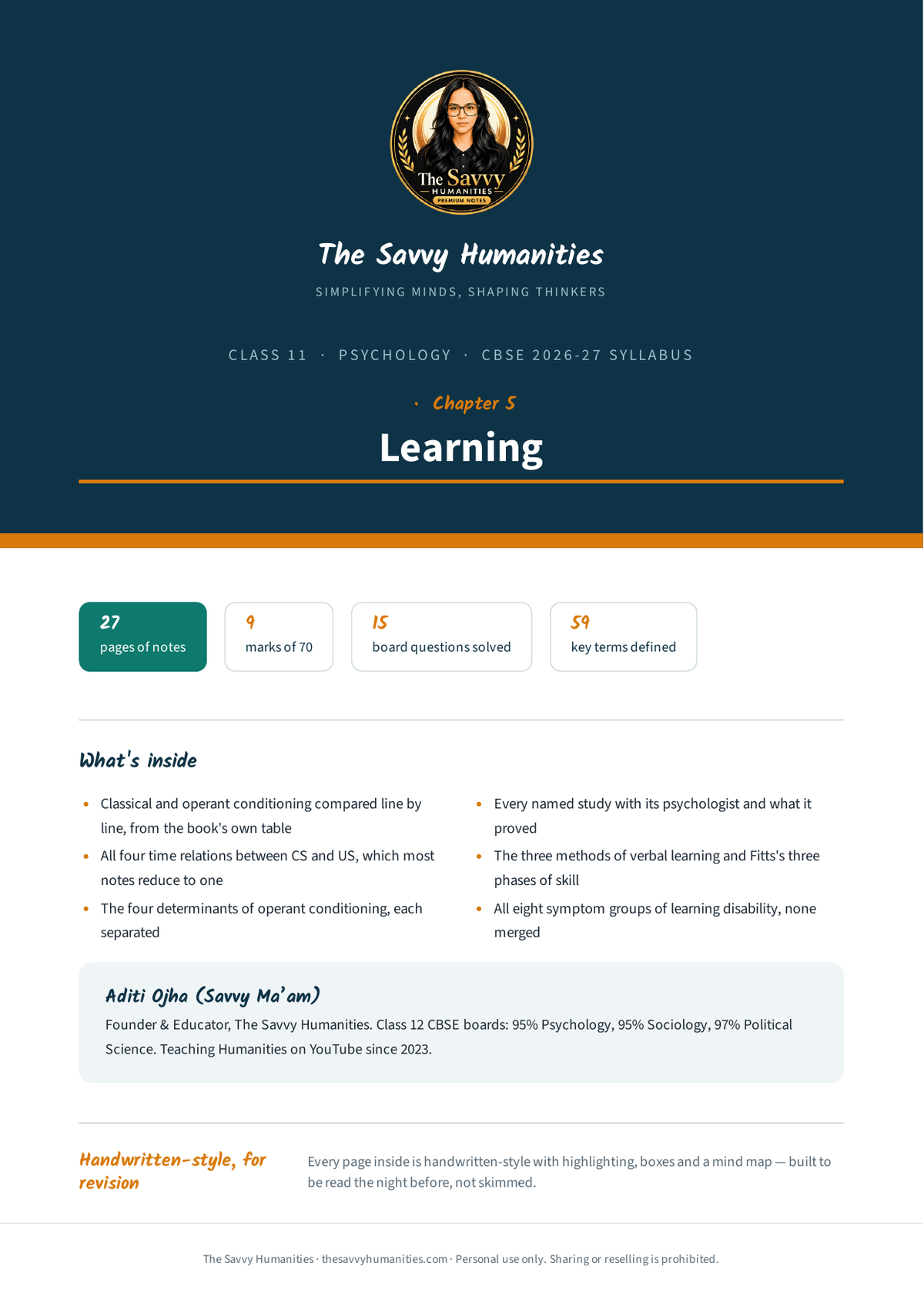 Class 11 Psychology Chapter 5 — Learning notes cover Cover of Class 11 Psychology Chapter 5 notes — Learning, CBSE 2026-27, 27 pages, 9 marks of 70, 59 key terms