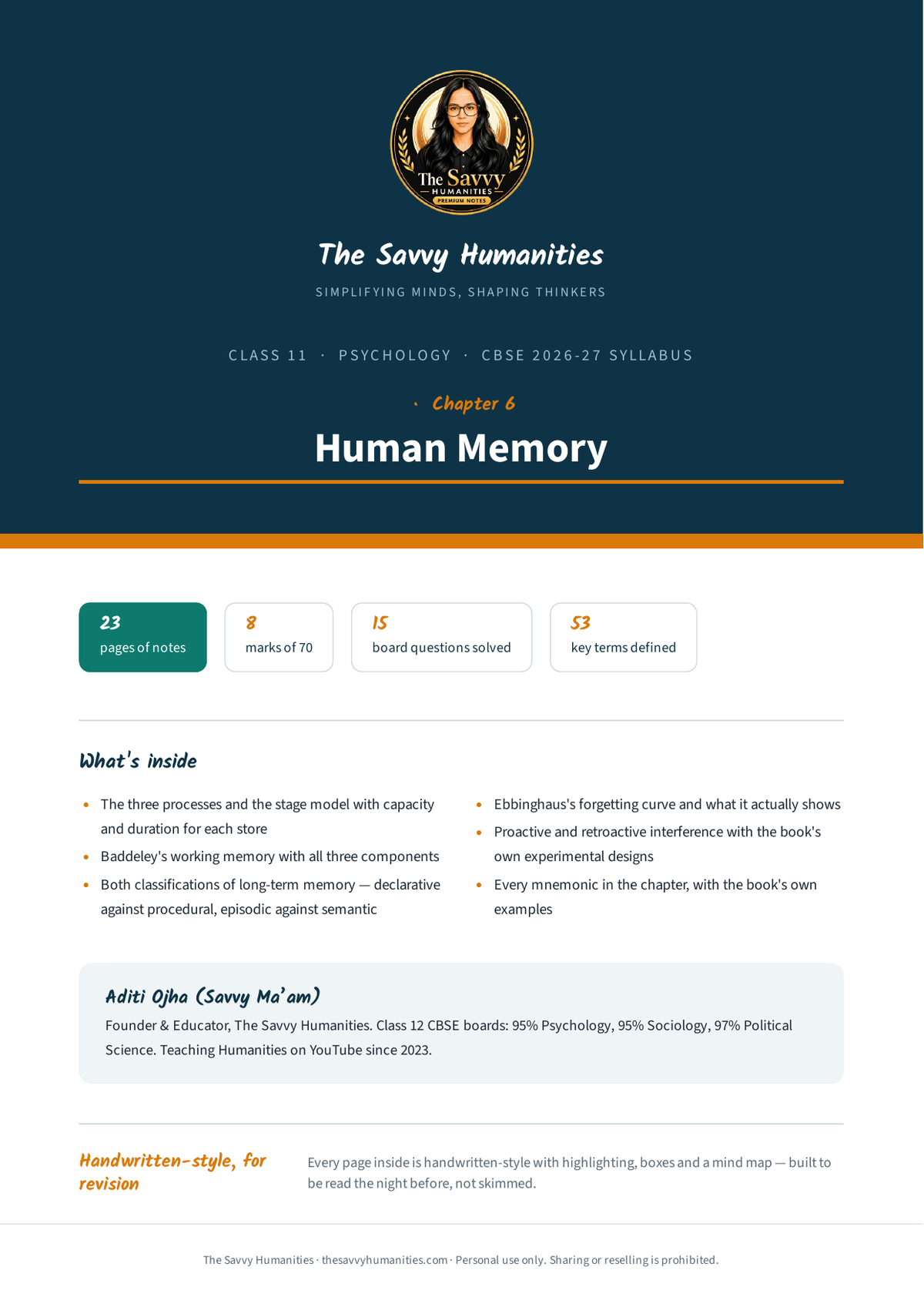 Class 11 Psychology Chapter 6 — Human Memory notes cover Cover of Class 11 Psychology Chapter 6 notes — Human Memory, CBSE 2026-27, 23 pages, 8 marks of 70, 53 key terms
