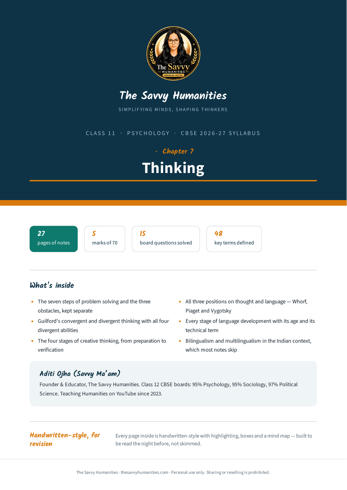 Class 11 Psychology Chapter 7 — Thinking notes cover Cover of Class 11 Psychology Chapter 7 notes — Thinking, CBSE 2026-27, 27 pages, 5 marks of 70, 48 key terms