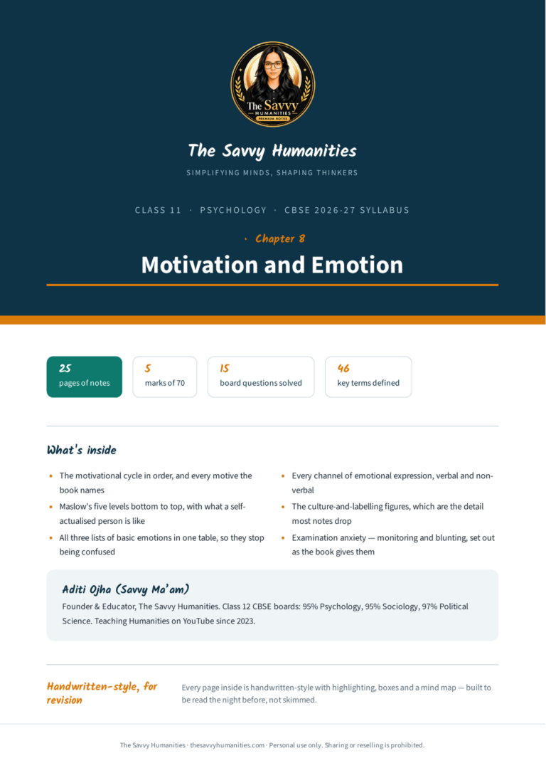 Cover of Class 11 Psychology Chapter 8 notes — Motivation and Emotion, CBSE 2026-27, 25 pages, 5 marks of 70, 46 key terms
