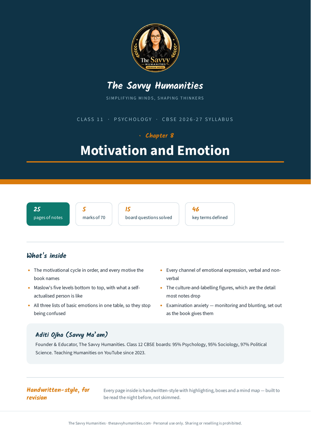 Class 11 Psychology Chapter 8 — Motivation and Emotion notes cover Cover of Class 11 Psychology Chapter 8 notes — Motivation and Emotion, CBSE 2026-27, 25 pages, 5 marks of 70, 46 key terms