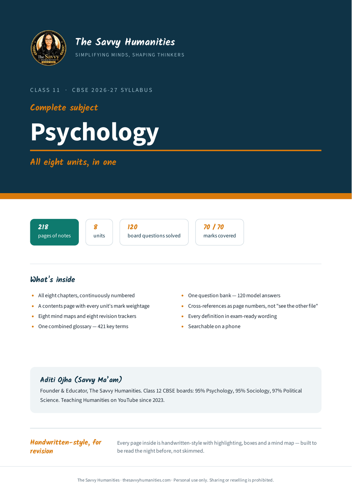 Class 11 Psychology Complete Notes — all 8 chapters cover Cover of Class 11 Psychology complete notes — all 8 chapters, 218 pages, 120 board questions, 421 key terms, 70 of 70 marks, CBSE 2026-27