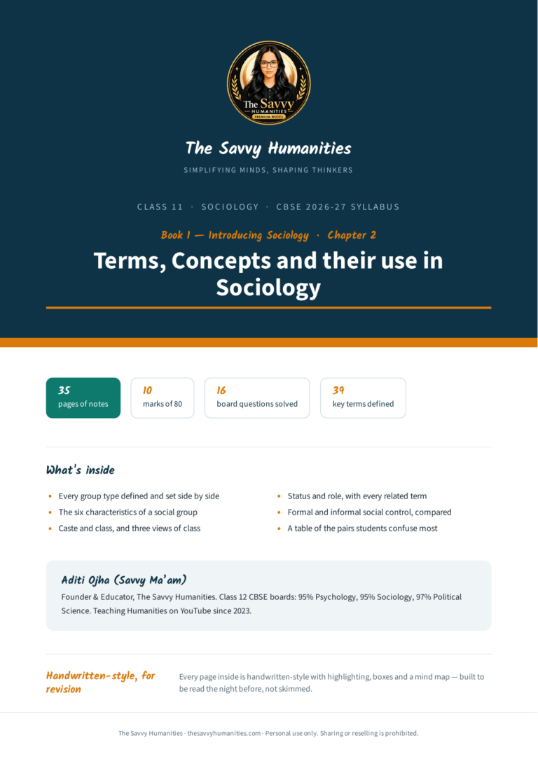Cover of Class 11 Sociology Book 1 Chapter 2 notes — Terms, Concepts and their use in Sociology, CBSE 2026-27, 35 pages, 10 marks of 80, 39 key terms