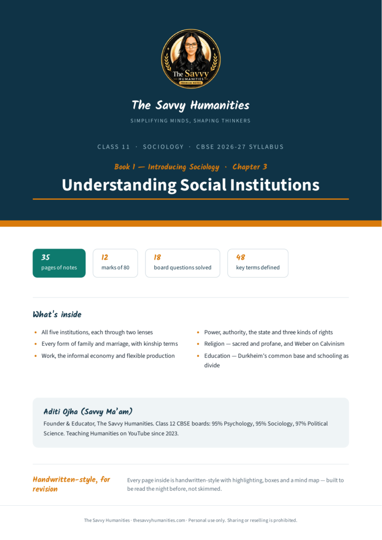 Cover of Class 11 Sociology Book 1 Chapter 3 notes — Understanding Social Institutions, CBSE 2026-27, 35 pages, 12 marks of 80, 48 key terms