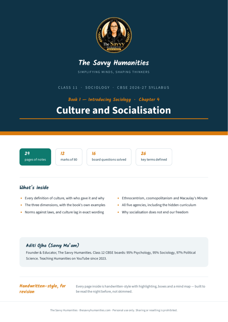 Cover of Class 11 Sociology Book 1 Chapter 4 notes — Culture and Socialisation, CBSE 2026-27, 29 pages, 12 marks of 80, 26 key terms