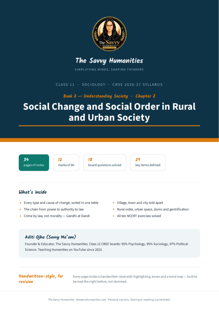 Cover of Class 11 Sociology Book 2 Chapter 2 notes — Social Change and Social Order in Rural and Urban Society, CBSE 2026-27, 34 pages, 12 marks of 80, 29 key terms