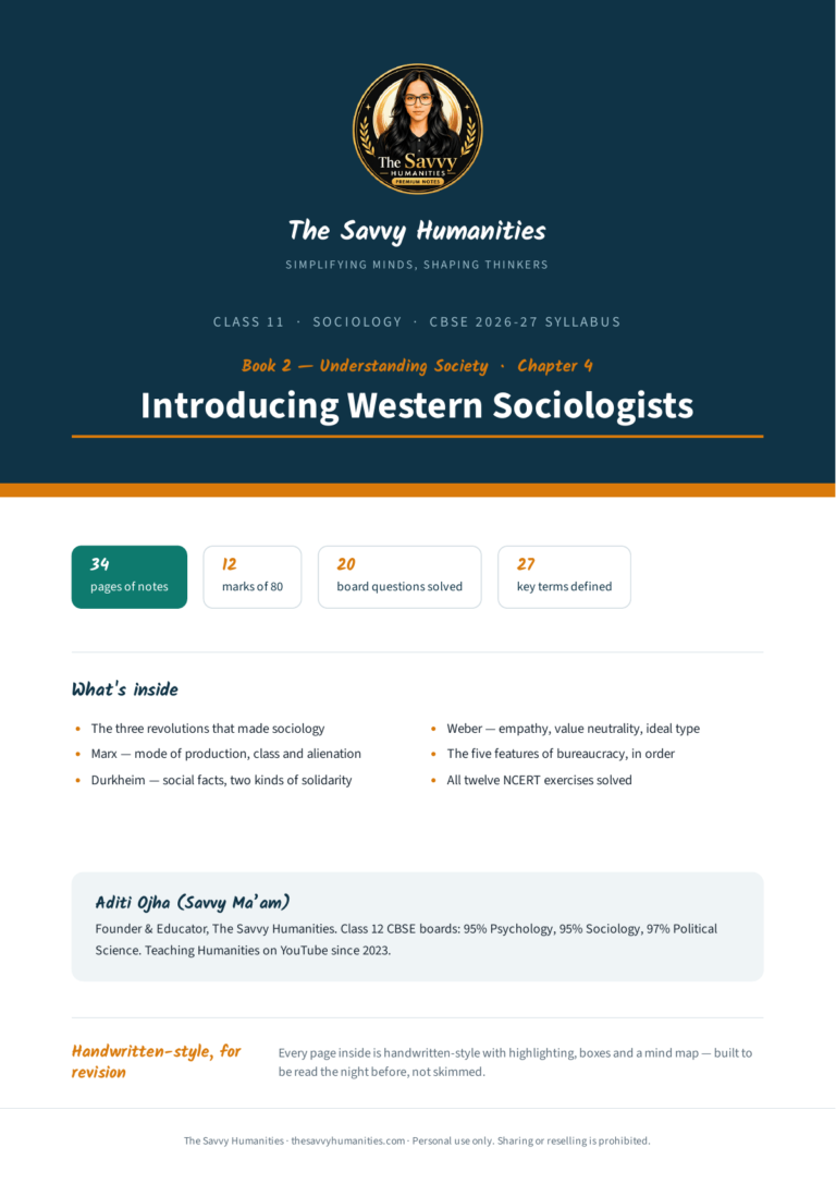 Cover of Class 11 Sociology Book 2 Chapter 4 notes — Introducing Western Sociologists, CBSE 2026-27, 34 pages, 12 marks of 80, 27 key terms