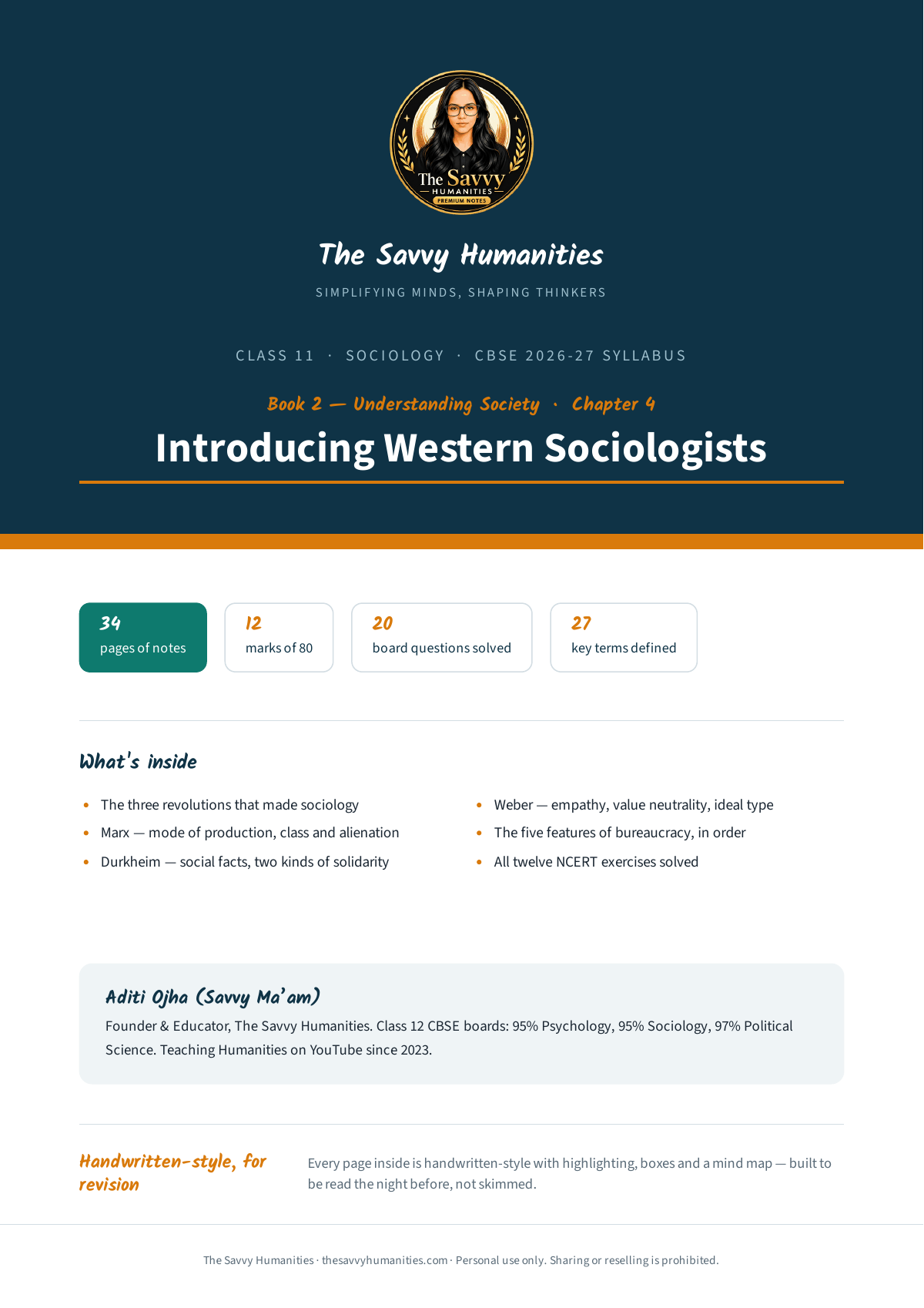 Class 11 Sociology Book 2 Chapter 4 — Introducing Western Sociologists notes cover Cover of Class 11 Sociology Book 2 Chapter 4 notes — Introducing Western Sociologists, CBSE 2026-27, 34 pages, 12 marks of 80, 27 key terms