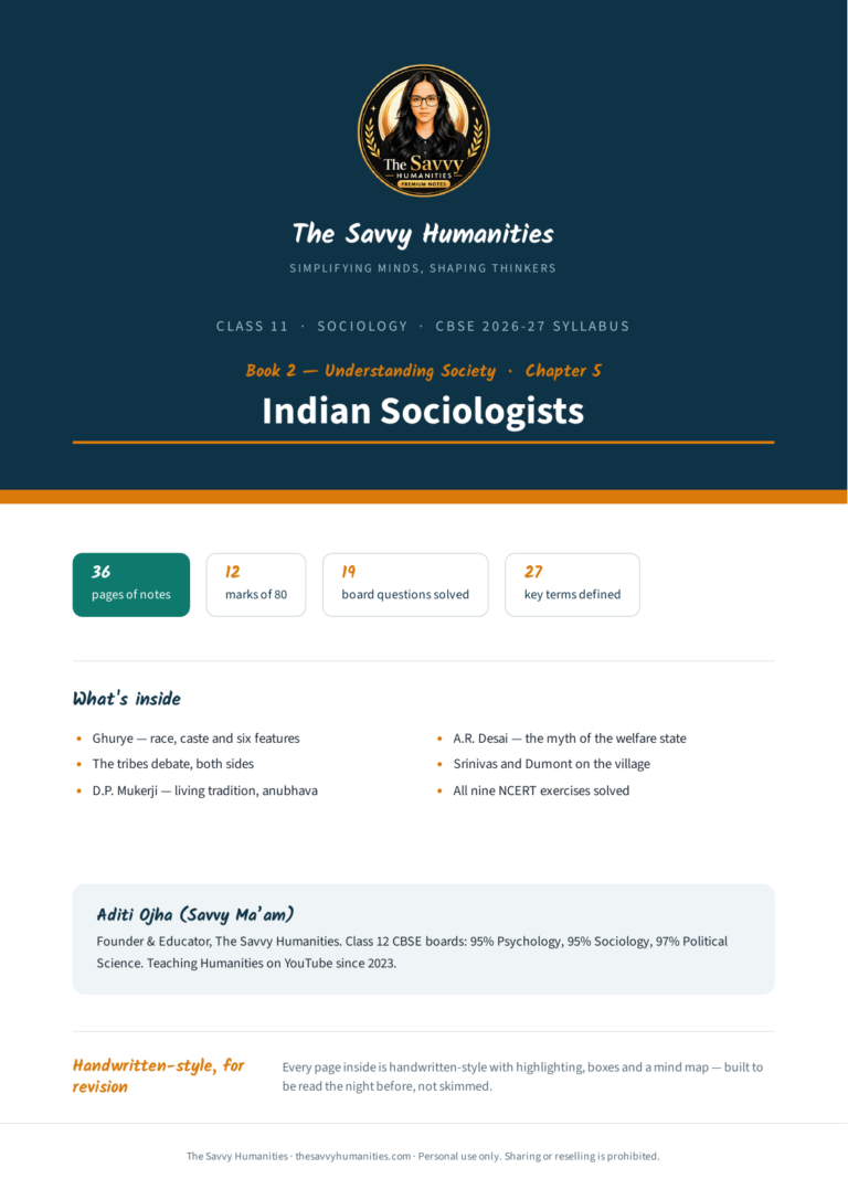 Cover of Class 11 Sociology Book 2 Chapter 5 notes — Indian Sociologists, CBSE 2026-27, 36 pages, 12 marks of 80, 27 key terms