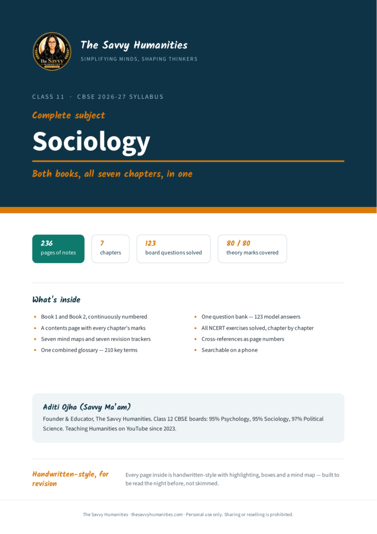 Cover of Class 11 Sociology complete notes — both books, all 7 chapters, 236 pages, 123 solved questions, 210 key terms, 80 of 80 theory marks, CBSE 2026-27