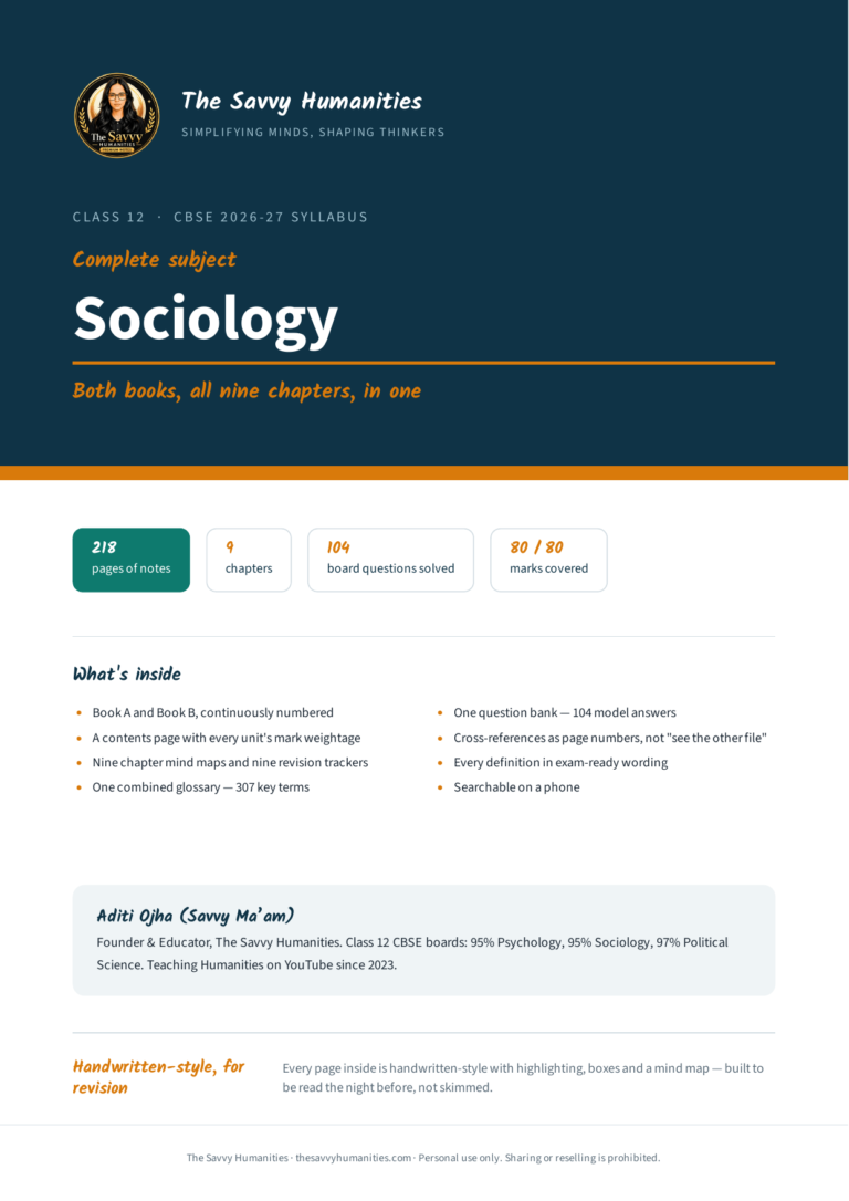 Cover of The Savvy Humanities Class 12 Sociology complete notes covering both NCERT books and all nine chapters