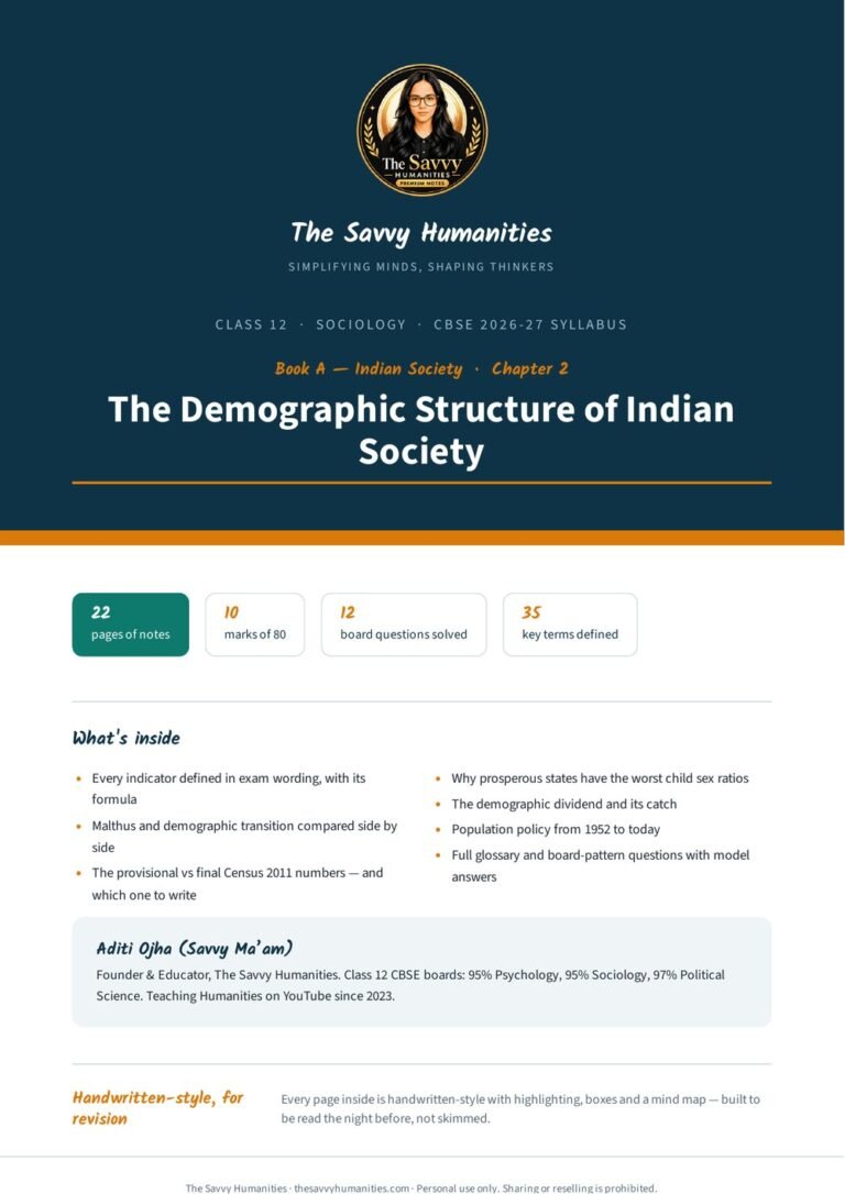 Class 12 Sociology Chapter 2 notes cover — The Demographic Structure of Indian Society, CBSE 2026-27, The Savvy Humanities