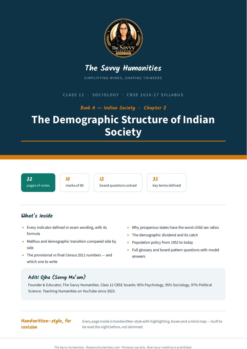 Class 12 Sociology Chapter 2 notes — cover Class 12 Sociology Chapter 2 notes cover — The Demographic Structure of Indian Society, CBSE 2026-27, The Savvy Humanities