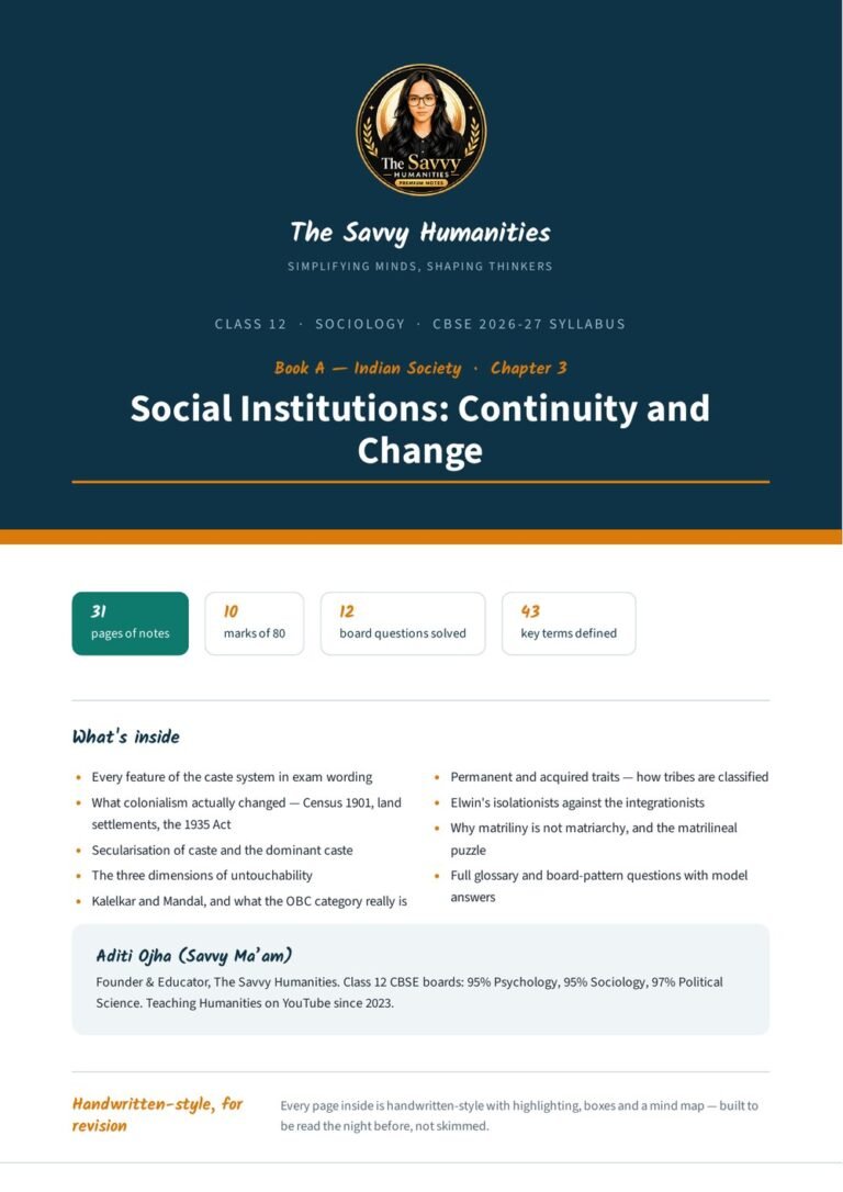 Class 12 Sociology Chapter 3 notes cover — Social Institutions: Continuity and Change, CBSE 2026-27, The Savvy Humanities