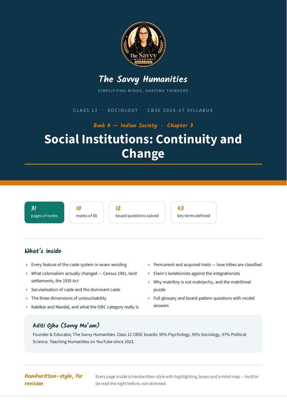 Class 12 Sociology Chapter 3 notes — cover Class 12 Sociology Chapter 3 notes cover — Social Institutions: Continuity and Change, CBSE 2026-27, The Savvy Humanities