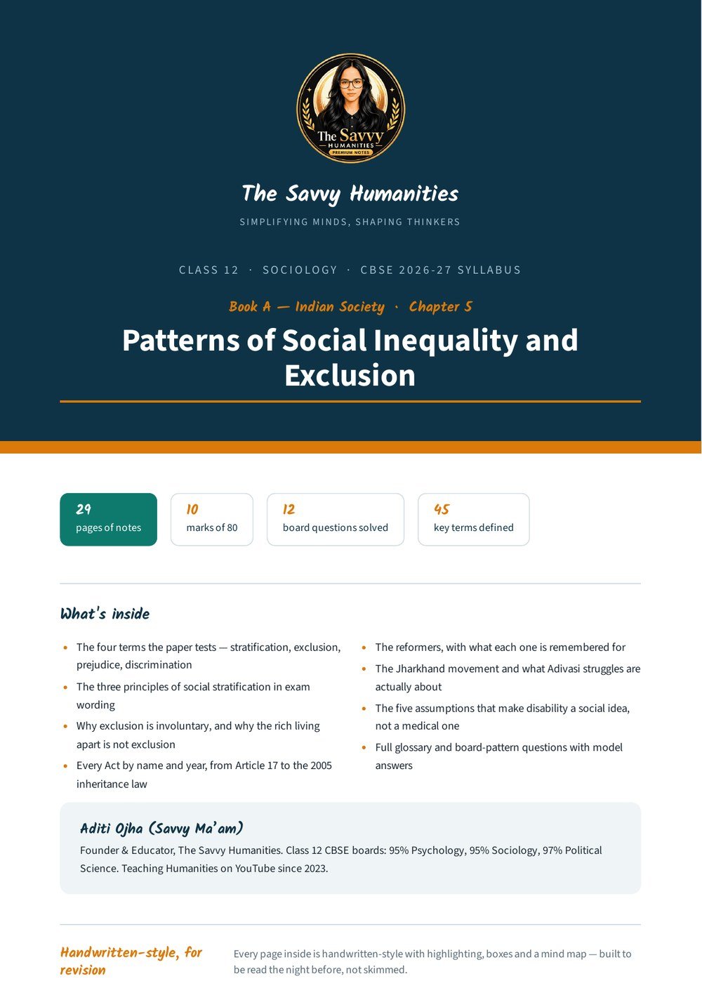 Class 12 Sociology Chapter 5 notes — cover Class 12 Sociology Chapter 5 notes cover — Patterns of Social Inequality and Exclusion, CBSE 2026-27, The Savvy Humanities