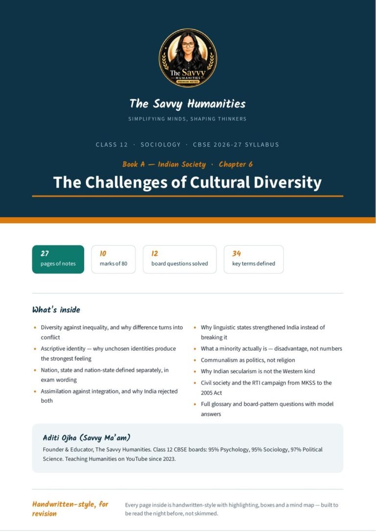 Class 12 Sociology Chapter 6 notes cover — The Challenges of Cultural Diversity, CBSE 2026-27, The Savvy Humanities