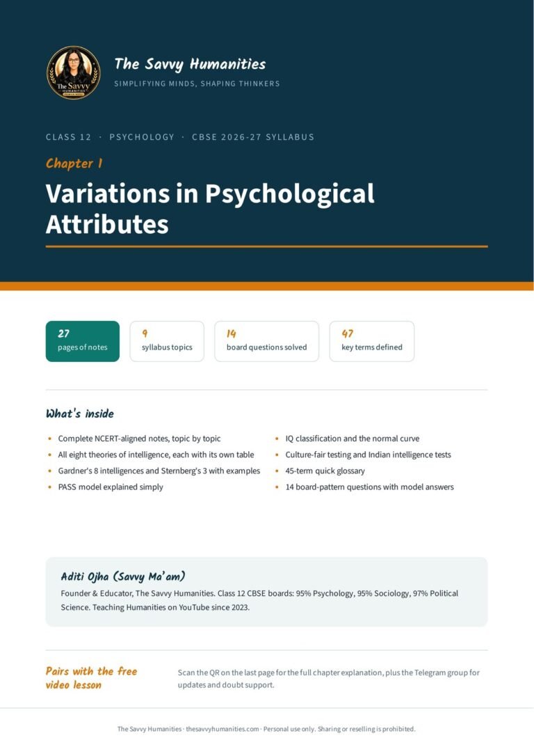 Cover of Class 12 Psychology Chapter 1 notes, Variations in Psychological Attributes, by Aditi Ojha (Savvy Ma’am), CBSE 2026-27