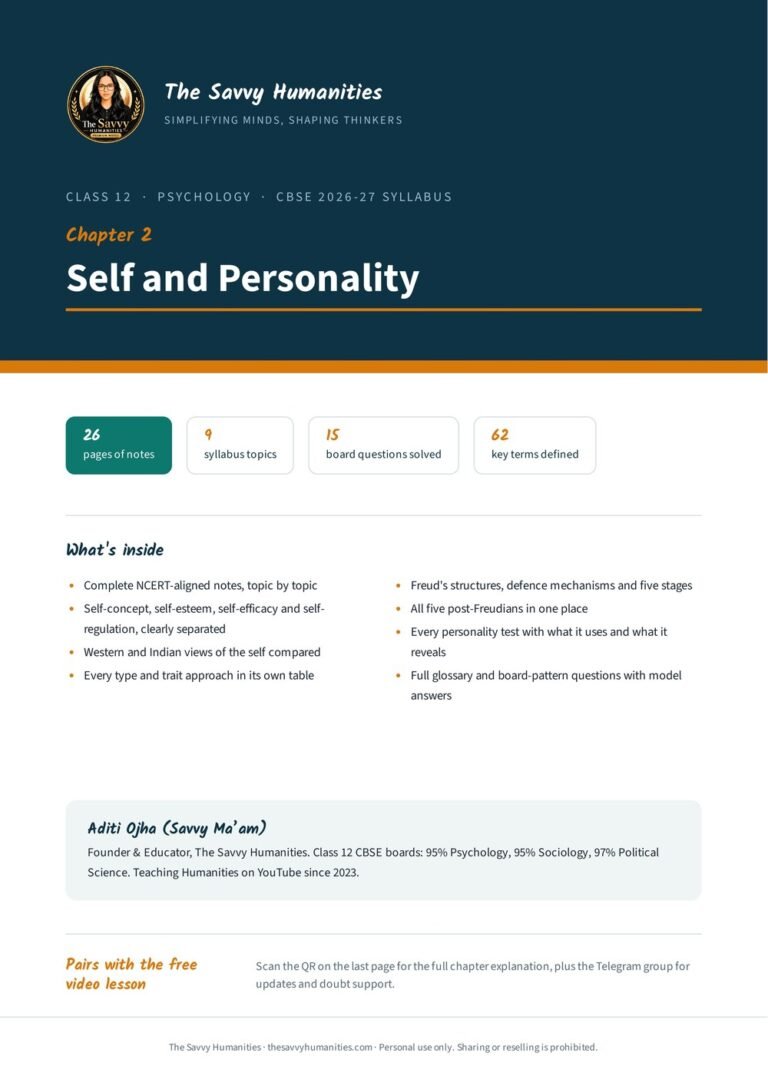 Cover of Class 12 Psychology Chapter 2 notes, Self and Personality, by Aditi Ojha (Savvy Ma’am), CBSE 2026-27