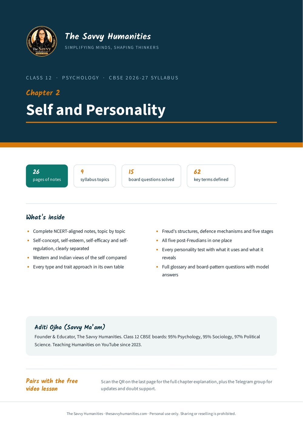 Class 12 Psychology Chapter 2 notes — cover Cover of Class 12 Psychology Chapter 2 notes, Self and Personality, by Aditi Ojha (Savvy Ma’am), CBSE 2026-27