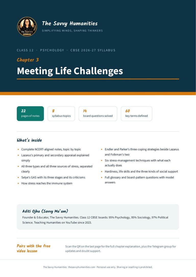 Cover of Class 12 Psychology Chapter 3 notes, Meeting Life Challenges, by Aditi Ojha (Savvy Ma’am), CBSE 2026-27