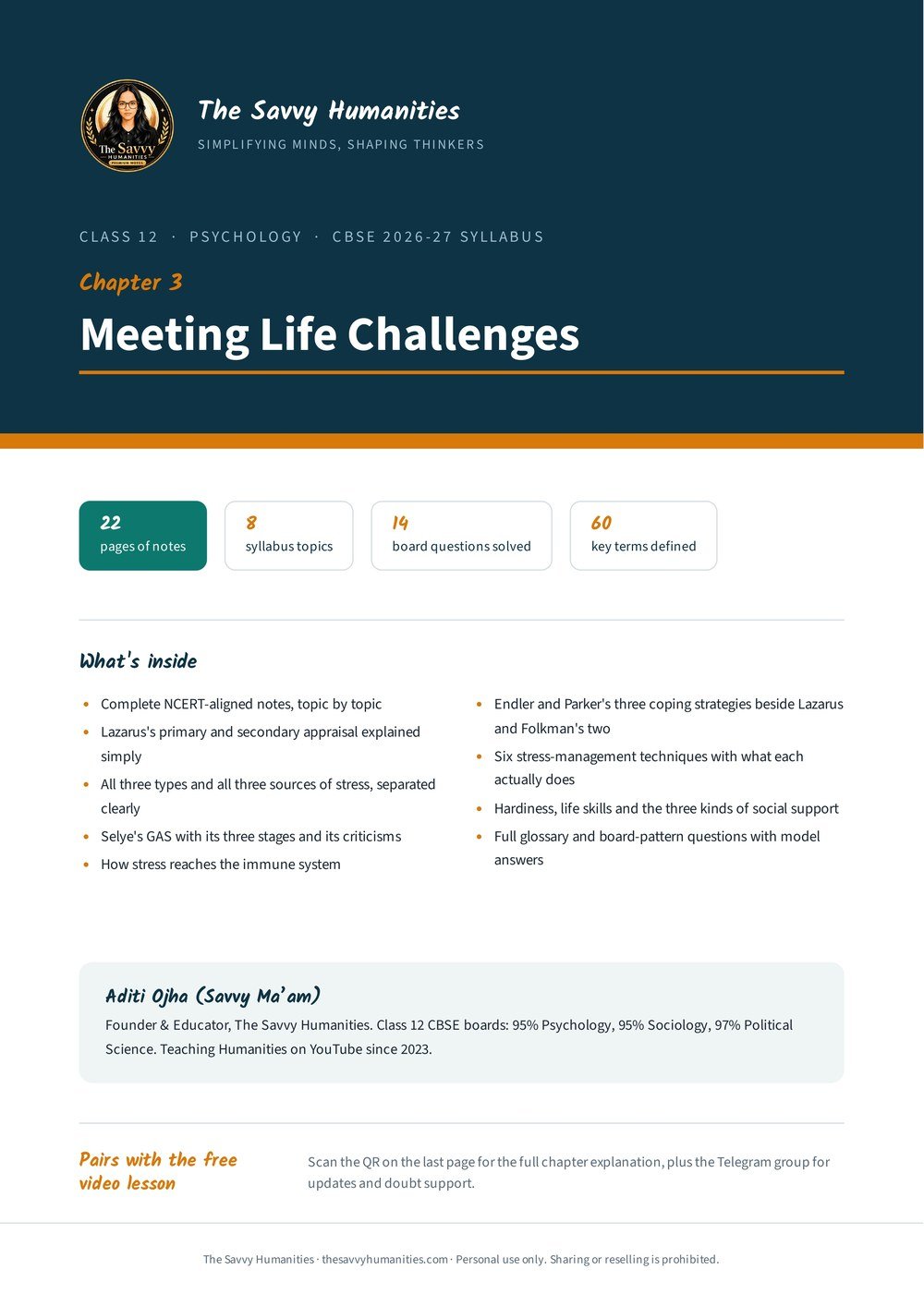 Class 12 Psychology Chapter 3 notes — cover Cover of Class 12 Psychology Chapter 3 notes, Meeting Life Challenges, by Aditi Ojha (Savvy Ma’am), CBSE 2026-27