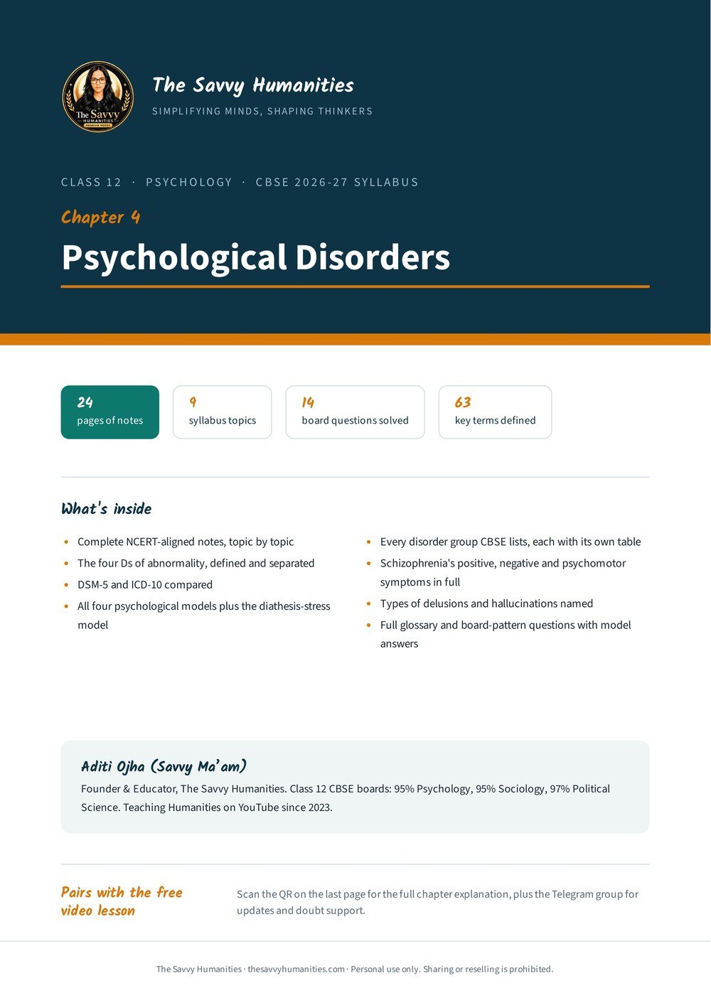 Class 12 Psychology Chapter 4 notes — cover Cover of Class 12 Psychology Chapter 4 notes, Psychological Disorders, by Aditi Ojha (Savvy Ma’am), CBSE 2026-27
