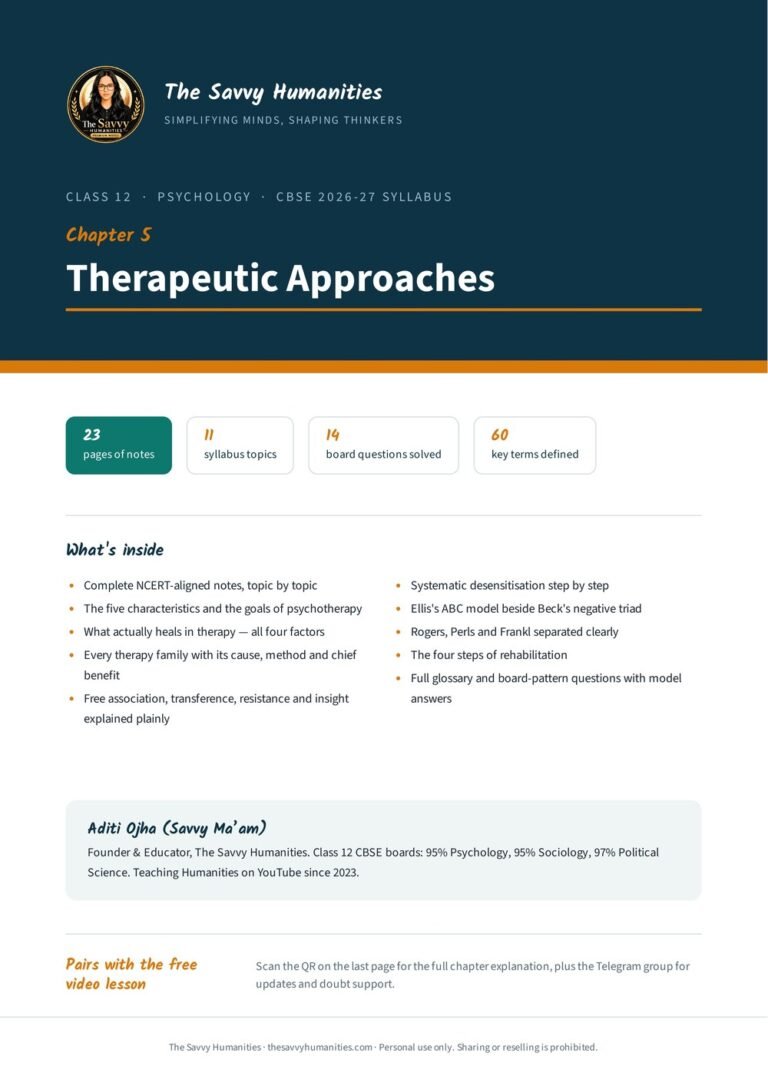 Cover of Class 12 Psychology Chapter 5 notes, Therapeutic Approaches, by Aditi Ojha (Savvy Ma’am), CBSE 2026-27