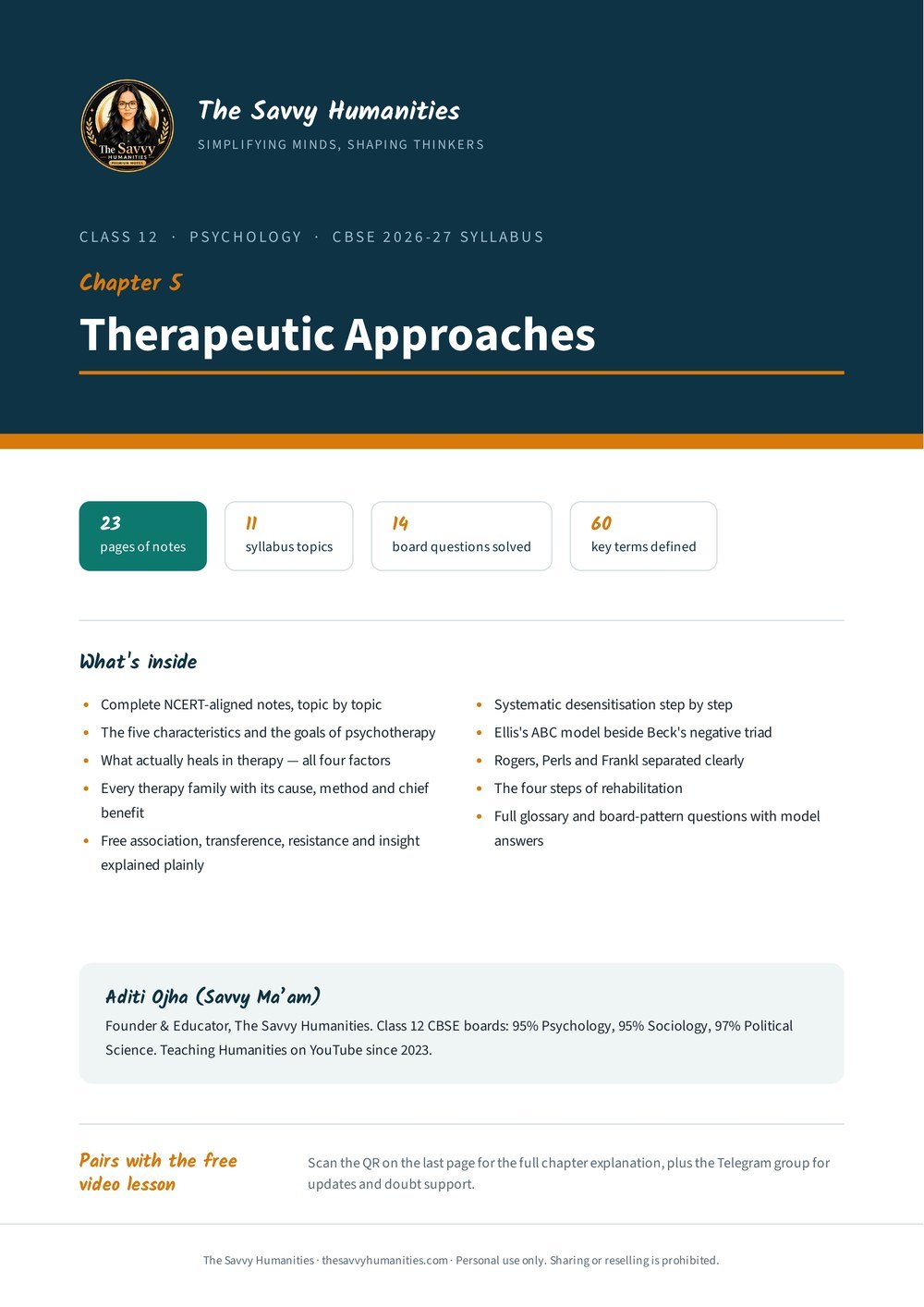 Class 12 Psychology Chapter 5 notes — cover Cover of Class 12 Psychology Chapter 5 notes, Therapeutic Approaches, by Aditi Ojha (Savvy Ma’am), CBSE 2026-27