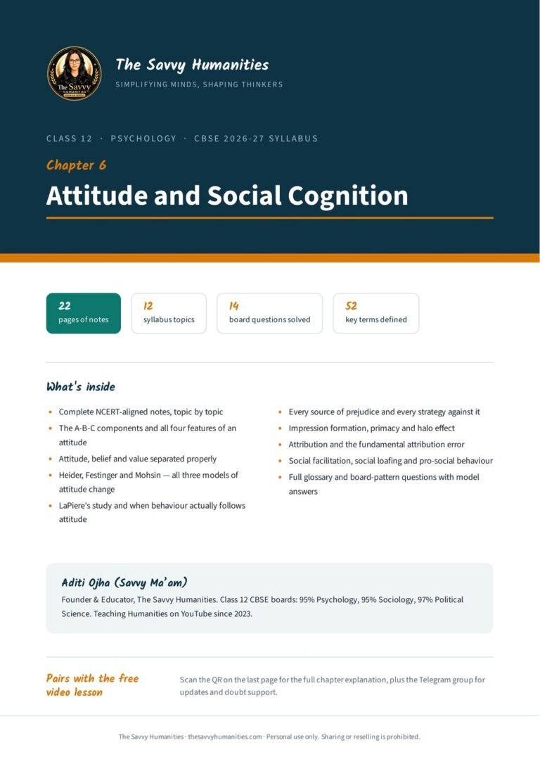Cover of Class 12 Psychology Chapter 6 notes, Attitude and Social Cognition, by Aditi Ojha (Savvy Ma’am), CBSE 2026-27