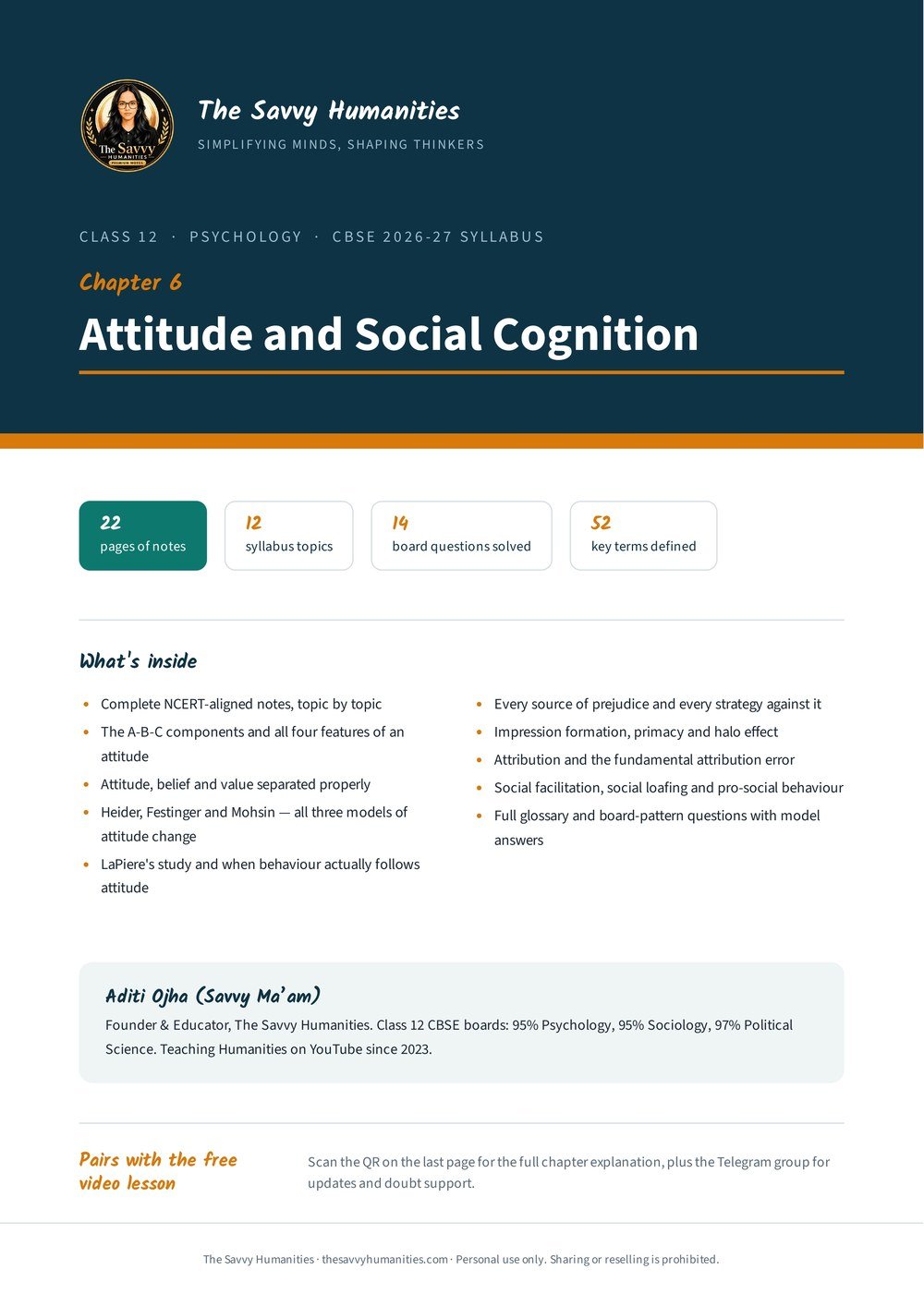 Class 12 Psychology Chapter 6 notes — cover Cover of Class 12 Psychology Chapter 6 notes, Attitude and Social Cognition, by Aditi Ojha (Savvy Ma’am), CBSE 2026-27