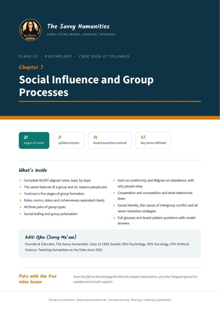 Cover of Class 12 Psychology Chapter 7 notes, Social Influence and Group Processes, by Aditi Ojha (Savvy Ma’am), CBSE 2026-27