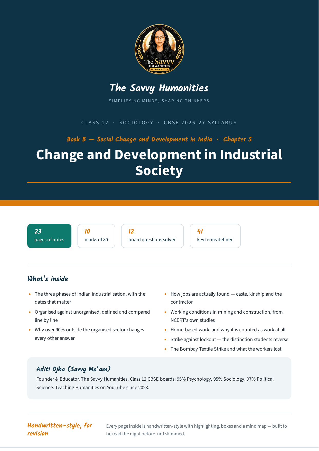 Class 12 Sociology Book B Chapter 5 — Change and Development in Industrial Society notes cover Cover of The Savvy Humanities Class 12 Sociology Book B Chapter 5 handwritten-style notes on Change and Development in Industrial Society